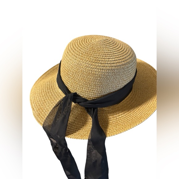 La Vie En Rose Accessories - 🌟La Vie En Rose Tan and Black Straw Hat with Elegant Ribbon